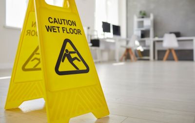 Cleaning. Close up of yellow plastic standing safety sign
