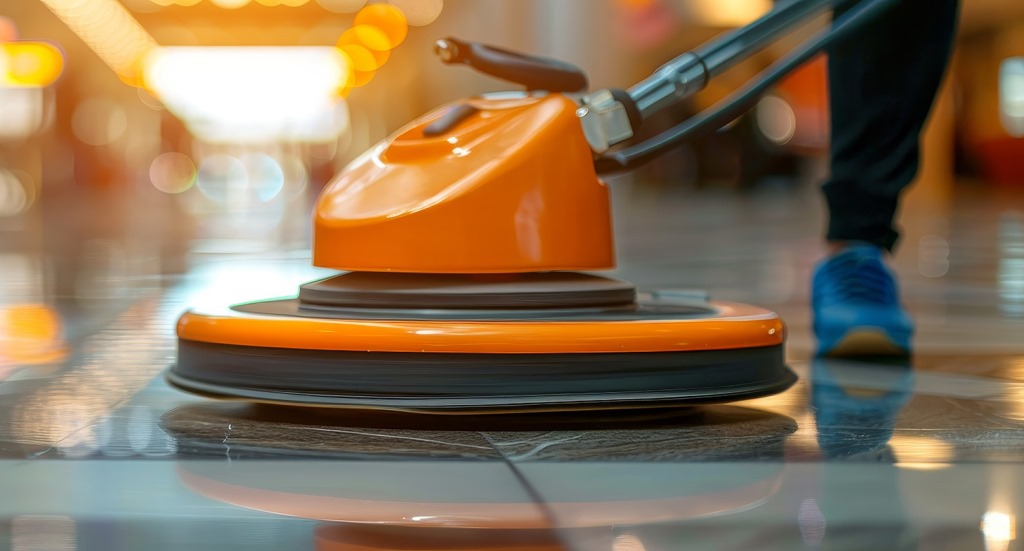 Close up view of advanced floor buffer machine actively polishing the floor surface (KI)